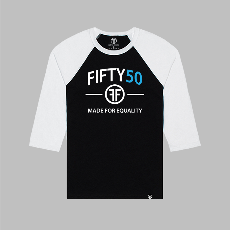 A black baseball t-shirt with a white collar and arms.  The text is in white and turquoise and says Fifty50 and Made for Equality.