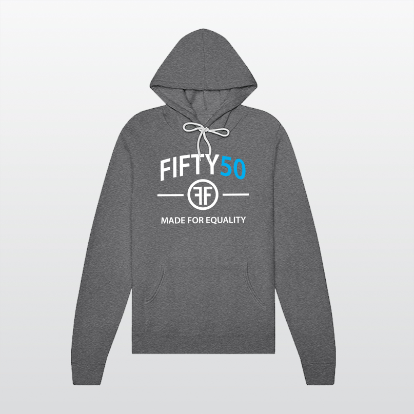 A charcoal grey hoodie with a logo. The text on the tee is in white and turquoise and reads Fifty50 and Made for Equality.