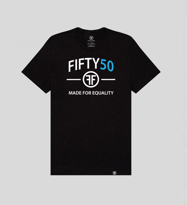 A black t-shirt with a logo. The text on the tee is in white and turquoise and reads Fifty50 and Made for Equality.