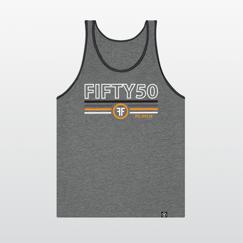 A grey ringer t-shirt with black arm and collar trim.  The logo text reads Fifty 50, with 2 Fs back to back and the colors are white, black, grey, and orange.