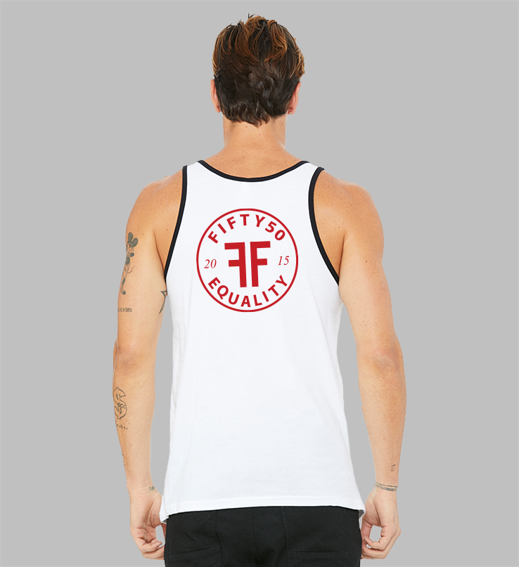 Back of a  man wearing a white tank top with black trim. Center back, red logo is round and has the text Fifty 50 at the top and Equality at the bottom with two Fs, back to back in the middle.