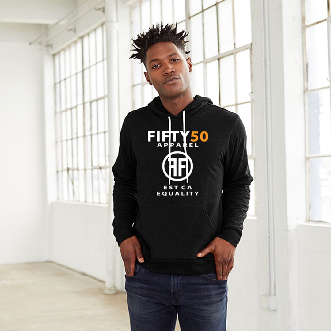 Man wearing a black lgbt hoodie with the text, Fifty 50 Apparel and Est Ca Equality in white, bold font. The 50 is in orange ink and the center of the logo has two Fs, back to back in a circle.