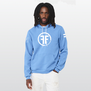 A carolina blue equality hoodie with a white equal sign on left arm, and the text, Fifty 50 Apparel is made for equality,no more, no less, just equal, on the right arm.  Center chest logo has two Fs, back to back with a circle.