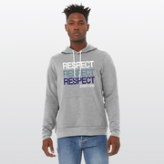 A man wearing a grey unisex political hoodie with text Respect Everyone. Respect is written in bold font in white, Slate Blue, and navy blue. 