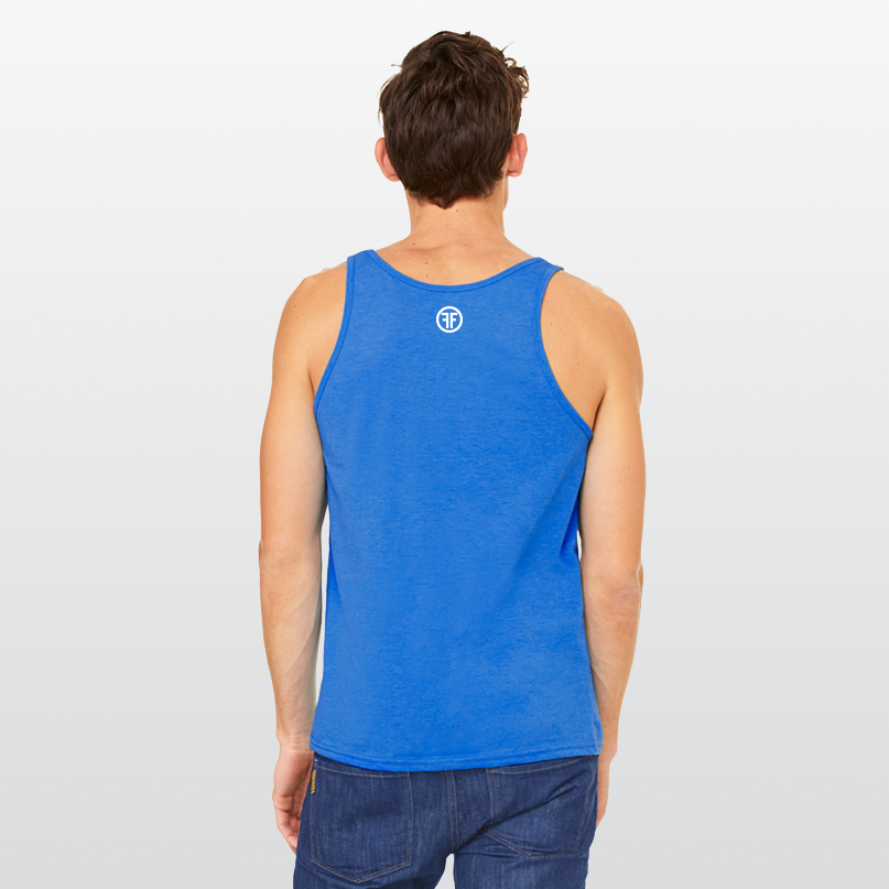 The back of a man in a heather royal blue equality tank top to show a slim fit. There is a white bold font logo with two Fs, back to back, surrounded by a circle. 