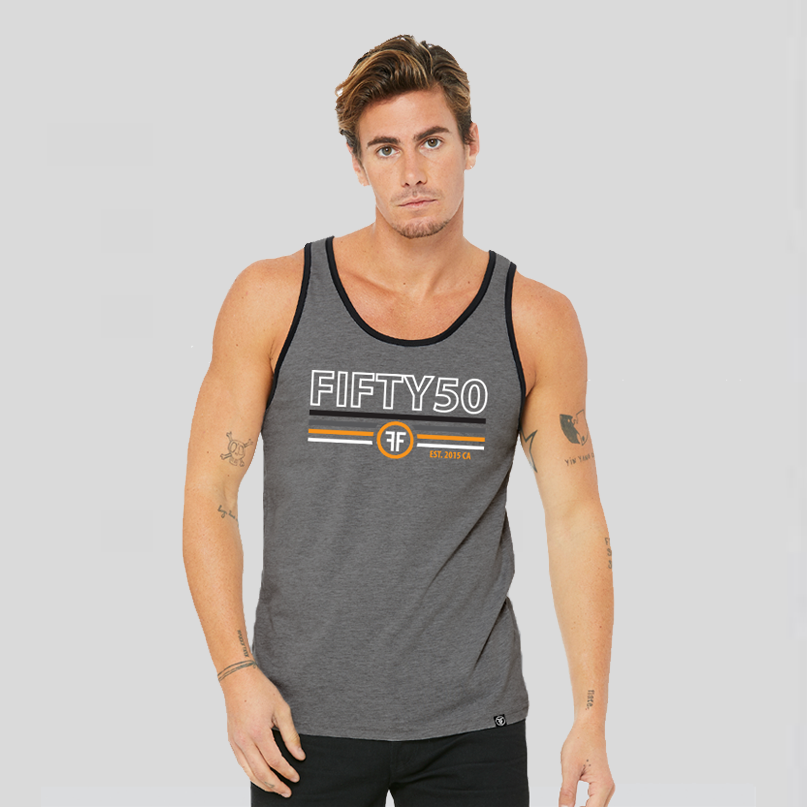 A man wearing a grey tank top with black arm trim and collar.  The logo text reads Fifty 50, with 2 Fs back to back and the colors are white, black, grey, and orange.