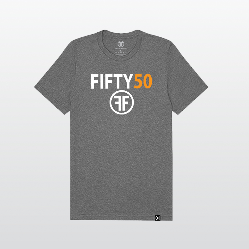 A heather grey tshirt with a logo. The text Fifty is in white bold font and the number fifty is in orange bold font. Under the text are two white Fs, back to back, surrounded by a circle. 