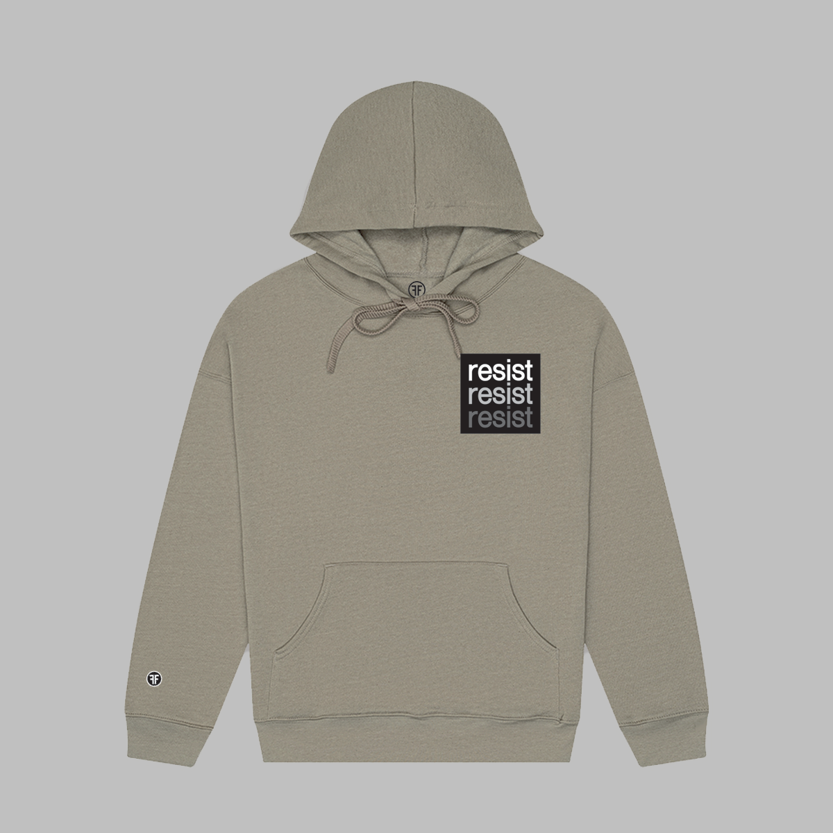 A unisex, taupe hoodie. The political logo is a left chest black square, with text that says Resist, three times in white, light grey and dark grey.  