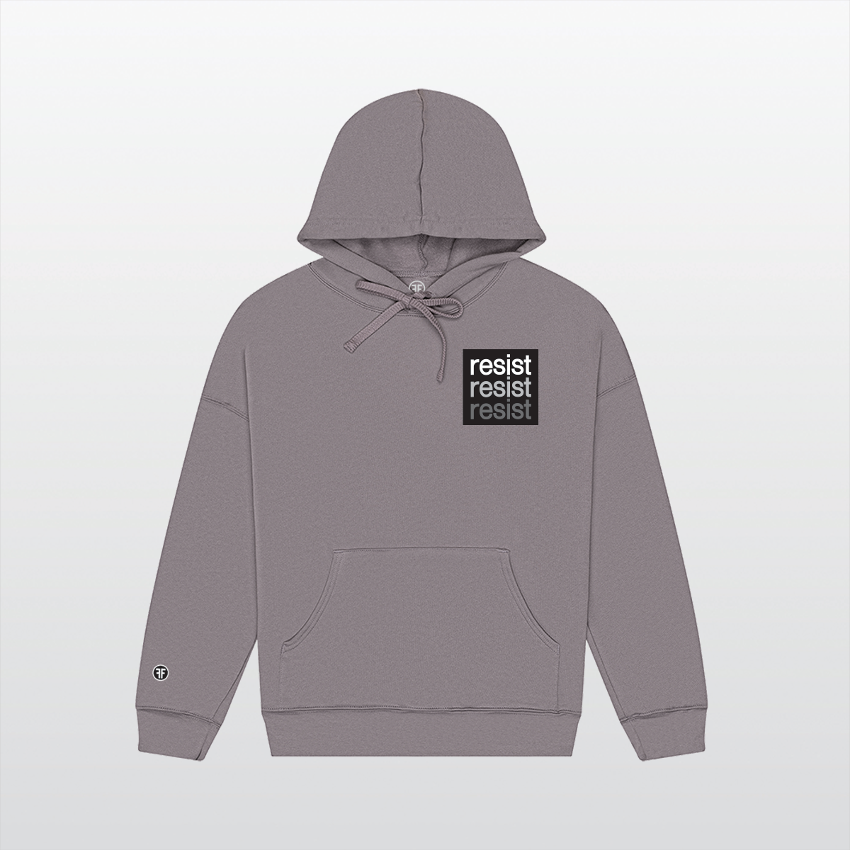 A slate purple, called Storm, unisex political hoodie. The logo is a left chest black square, with text that says Resist, three times in white, light grey and dark grey.  