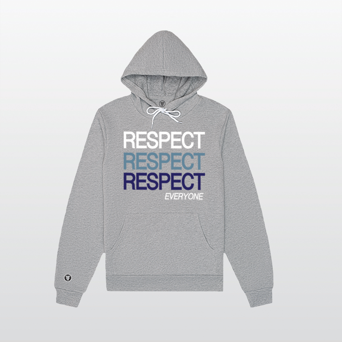 A grey unisex political hoodie with text Respect Everyone. Respect is written in bold font in white, Slate Blue, and navy blue. 