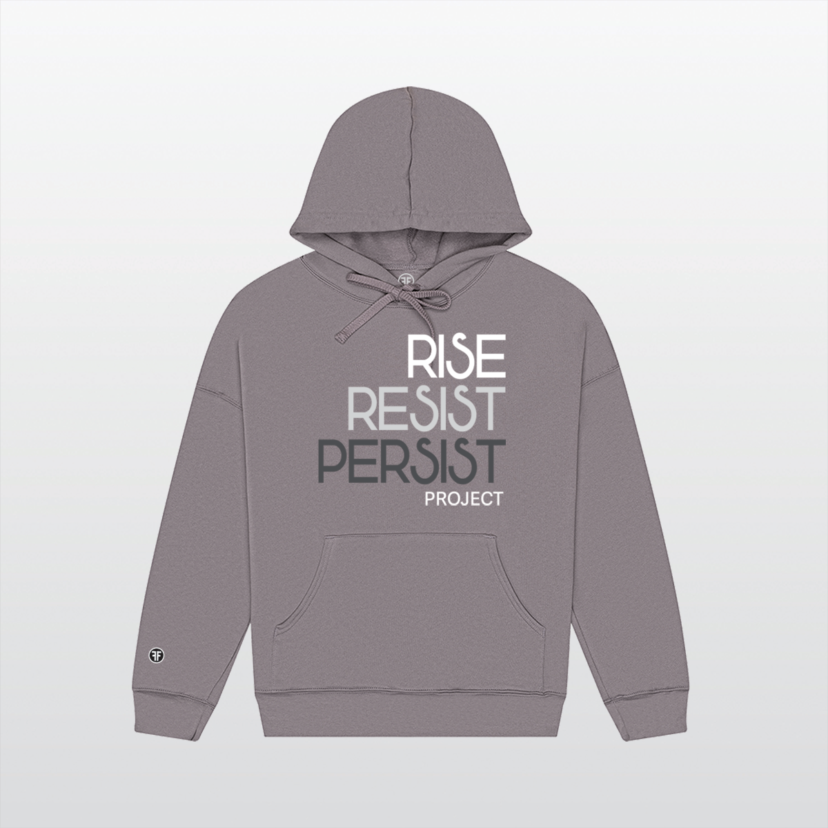 A slate purple, anti Trump, unisex hoodie. The text says Rise, Resist, Persist Project in bold white, light grey and dark grey.