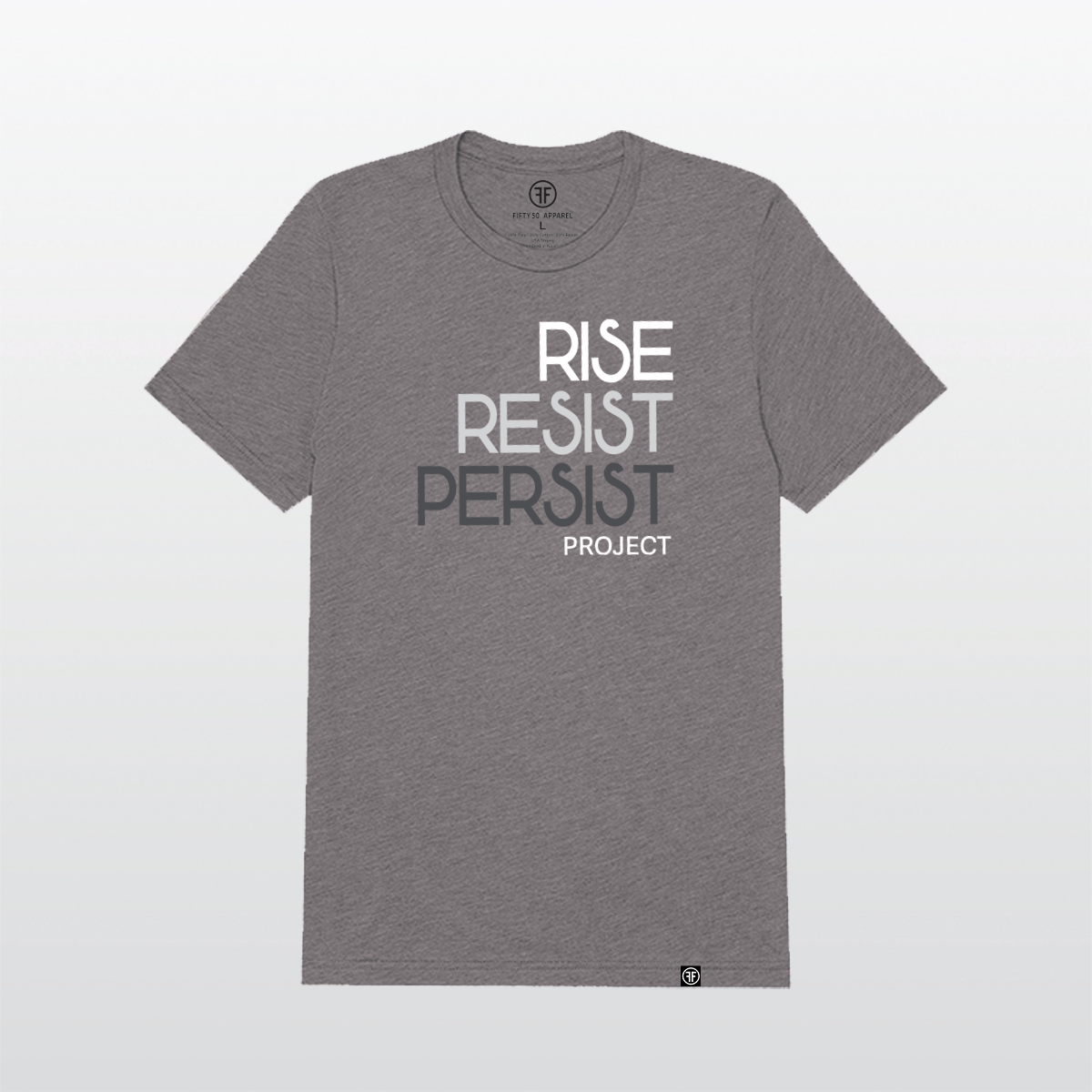 A political unisex Slate Purple t-shirt. The text says Rise, Resist, Persist, Project. The font is white, Slate Blue, and grey.