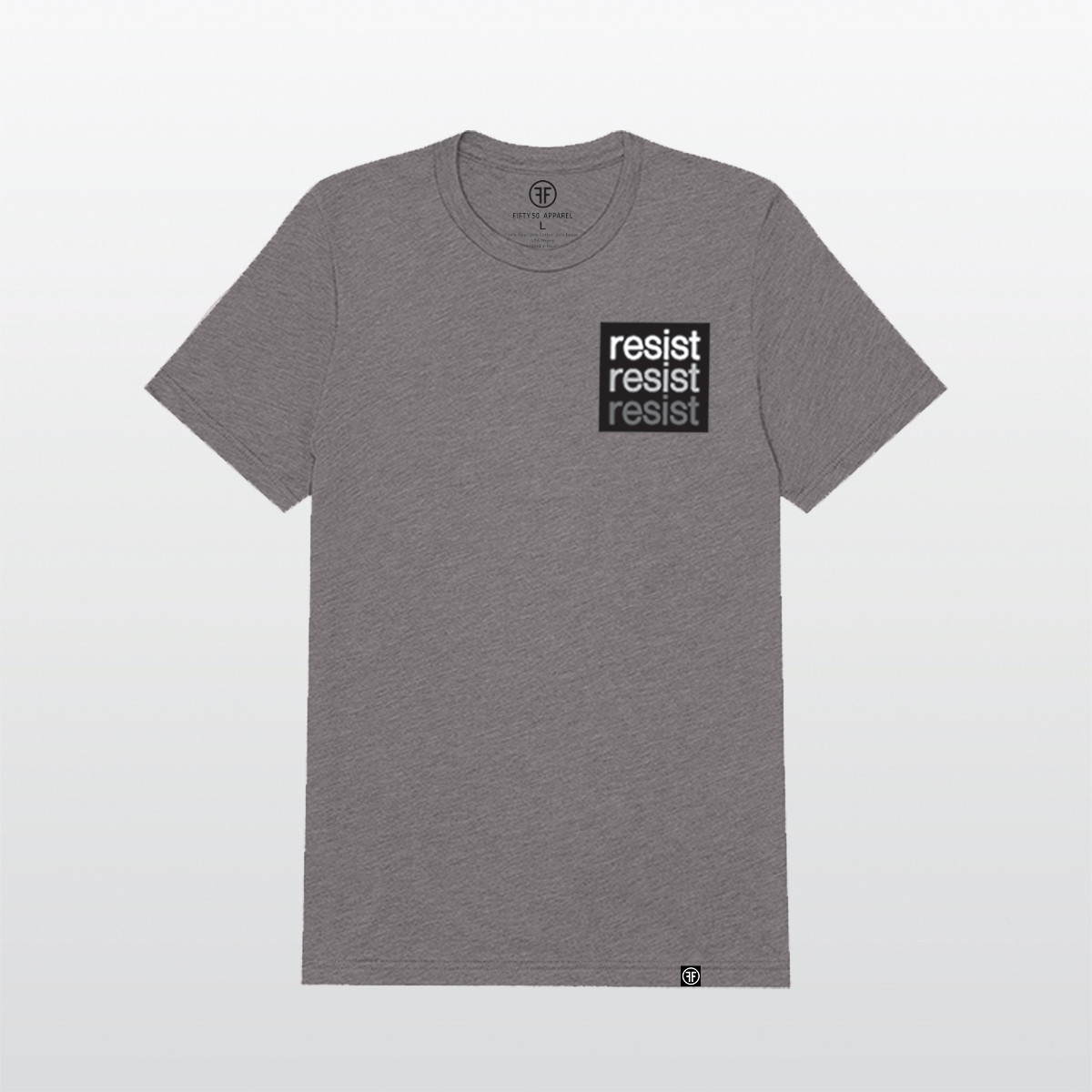 A slate purple, unisex political t-shirt. The logo is a left chest black square, with text that says Resist, three times in white, light grey and dark grey. 