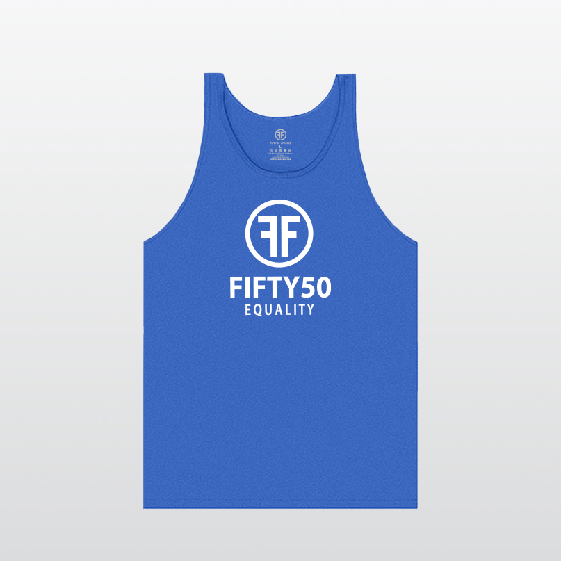 A heather royal blue equality tank top with a white logo in bold font. There are two Fs, back to back, surrounded by a circle and the text reads, Fifty50 with Equality below it.