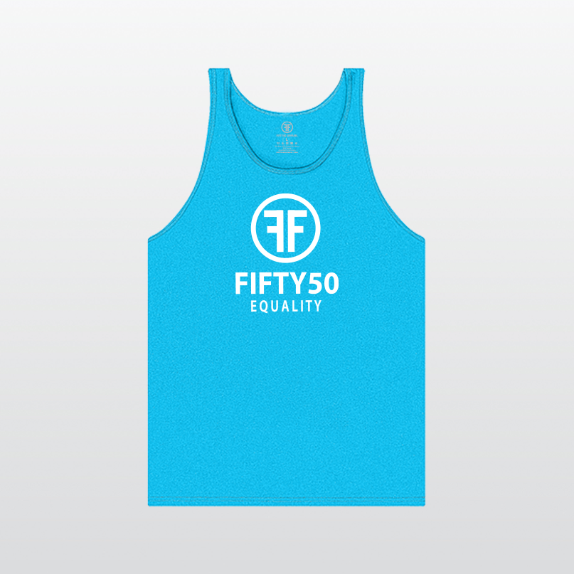 A heather turquoise equality tank top with a white logo in bold font. There are two Fs, back to back, surrounded by a circle and the text reads, Fifty50 with Equality below it.