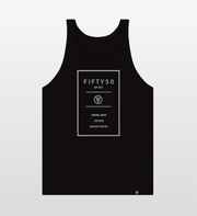 A black tank top with a grey background. The logo is a grey rectangle with the grey text Fifty 50, and Apparel Made For True Equality for All inside of it.