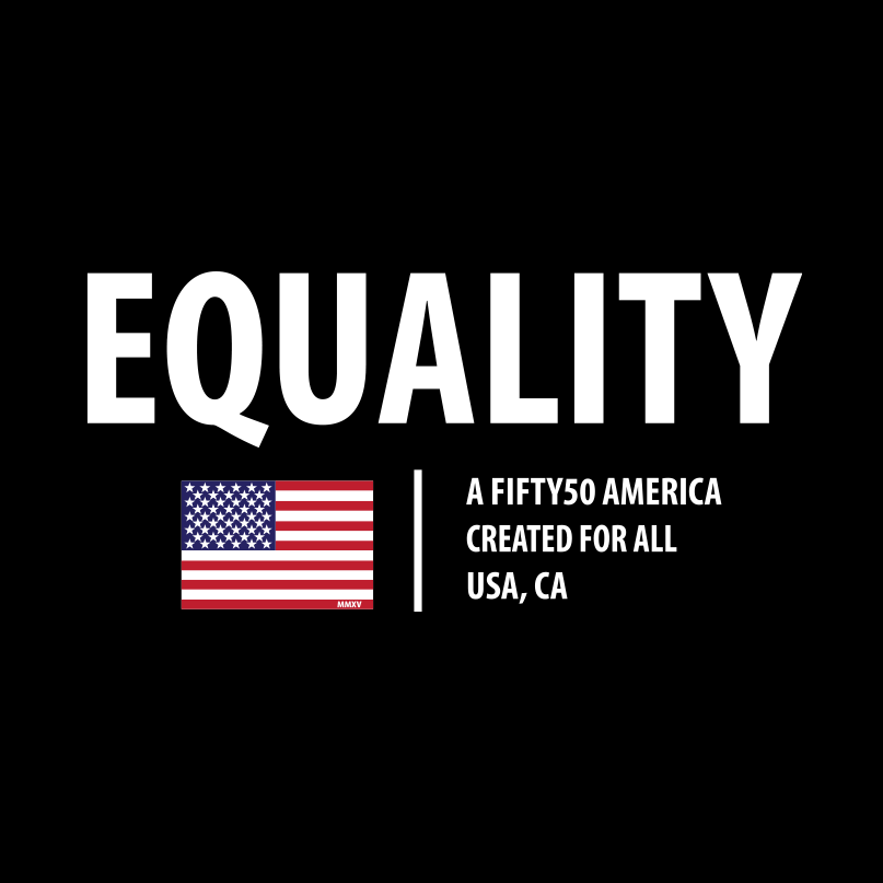 A black t-shirt with a  logo. The text, Equality, is written in large white bold font, with an American flag below it.