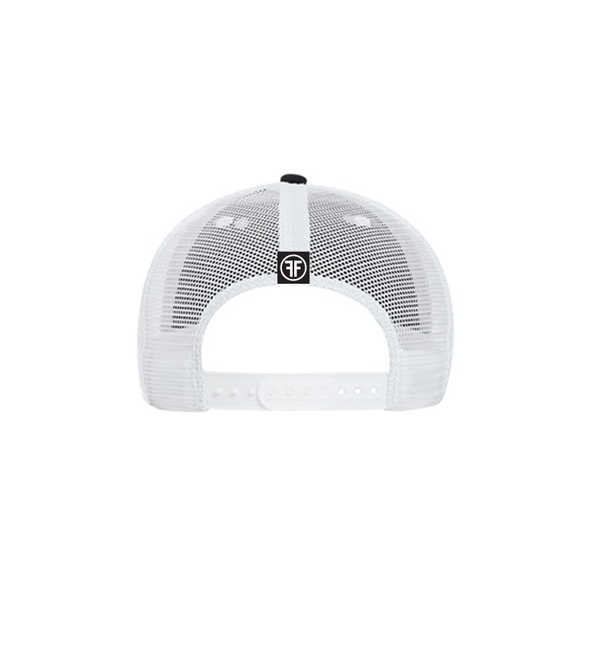 back of invisible mannequin displaying the relevant dad trucker hat by fifty50 apparel which is a black hat with a white mesh back and a sewn on black and white logo tag