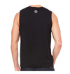 back of male model wearing the black muscle tank by fifty50 apparel which is a black tank top with a white logo near the neckline