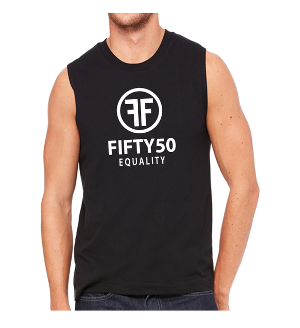 a male model wearing the black muscle tank by fifty50 apparel which is a black tank top with a white logo 