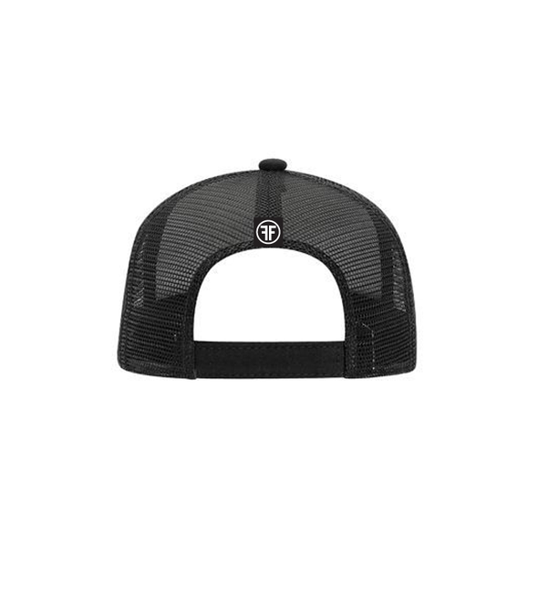 back of invisible mannequin displaying the relevant trucker by fifty50 apparel which is a black cap with a sewn on black and white logo tag