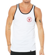 a male model wearing the capital tank by fifty50 apparel which is a white tank top with a red logo 