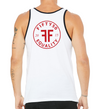 back of a male model wearing the capital tank by fifty50 apparel which is a white tank top with a red logo 