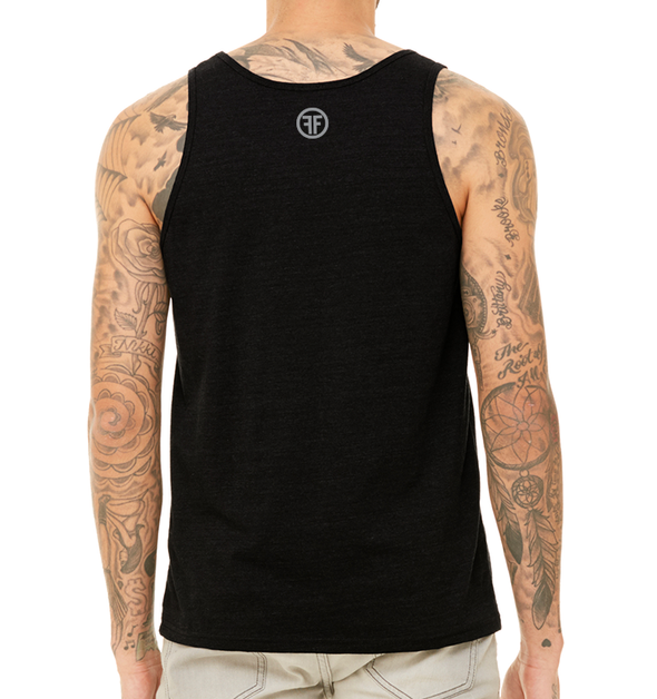 back of a male model wearing the true equality tank top by fifty50 apparel which is a black tank top with a grey logo near the neckline