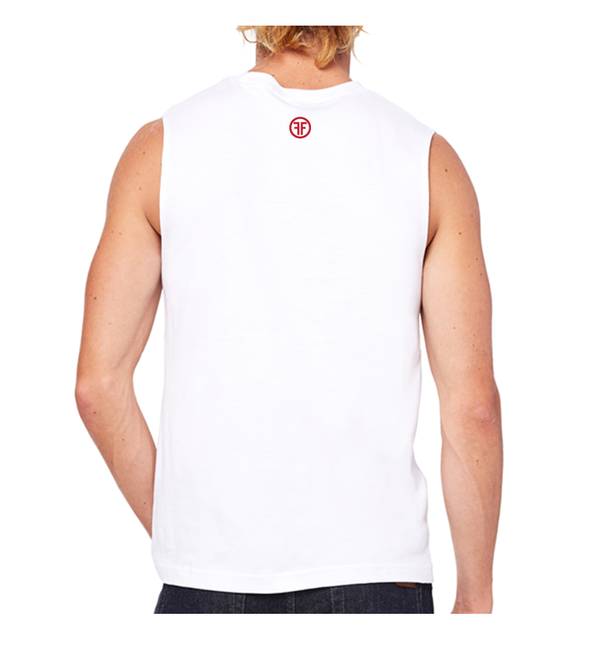 back of male model wearing the fifty50 American muscle tank by fifty50 apparel which is a white tank top with a red logo near the neckline
