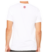 back of a male model wearing the fifty50 America v-neck t-shirt which is a white tee with a small red fifty50 logo near the neckline by Fifty50 Apparel