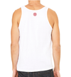 back of male model wearing the fifty50 American tank top by fifty50 apparel which is a white tank top with a red logo near the neckline