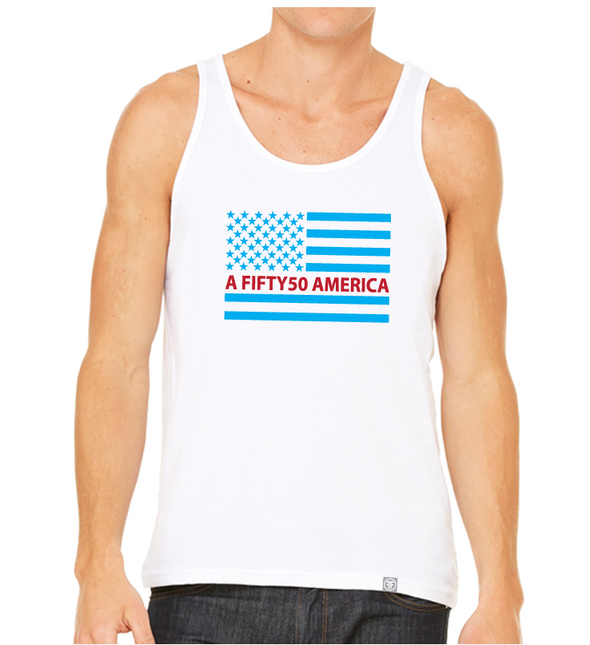 a male model wearing the fifty50 American tank top by fifty50 apparel which is a white tank top with a turquoise and red American flag