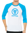 a male model wearing the global raglan by fifty50 apparel which is a white and turquoise raglan with a turquoise logo