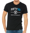 a male model wearing a black t-shirt with a white and turquoise logo called the made for equality crew t-shirt by Fifty50 Apparel
