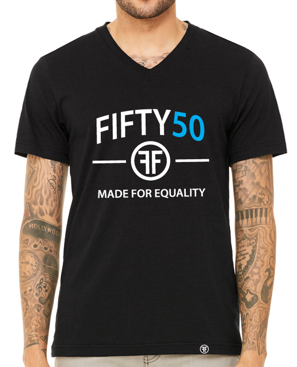 a male model wearing the made for equality v-neck t-shirt which is a black tee with a white and turquoise logo by Fifty50 Apparel