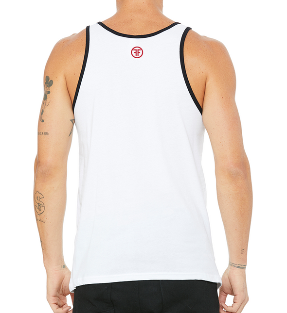 back of male model wearing the rainbow tank top by fifty50 apparel which is a white tank top with a red logo near the neckline