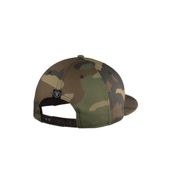 back of invisible mannequin displaying the new era level flat bill by fifty50 apparel which is a camouflage hat with a sewn on black and grey logo tag