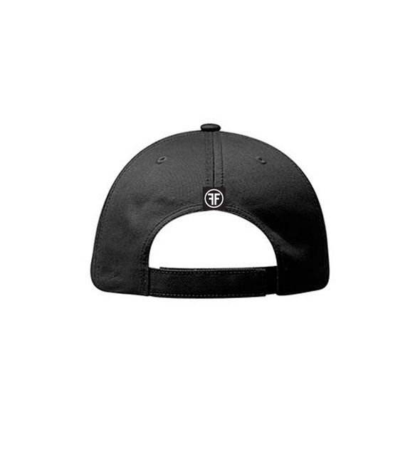 back of invisible mannequin displaying the relevant dad hat by fifty50 apparel with a sewn on black and white logo tag
