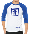 a male model wearing the squared 50 raglan by fifty50 apparel which is a white and royal blue raglan with a royal blue design