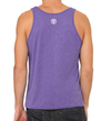 back of a male model wearing the summer purple tank top by fifty50 apparel which is a purple tank top with a white logo near the neckline