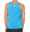 back of a male model wearing the summer turquoise tank top by fifty50 apparel which is a turquoise tank top with a white logo near the neckline