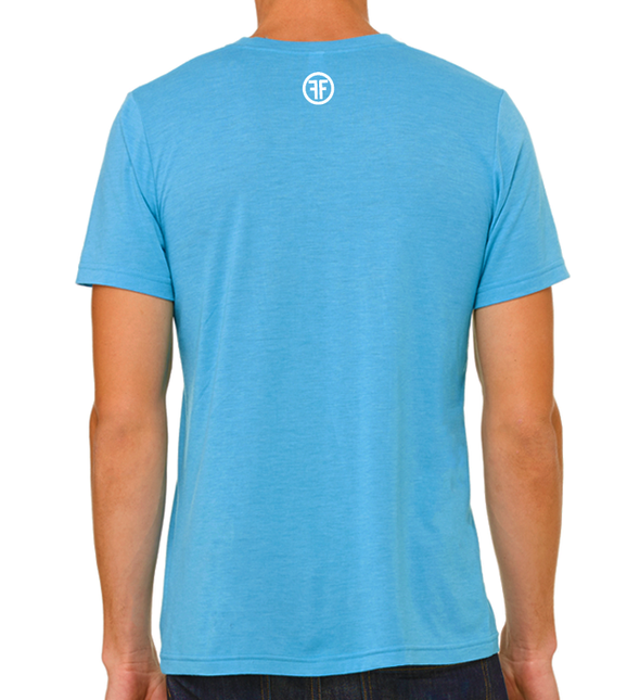 back of a male model wearing a turquoise t-shirt with a small white fifty50 logo at the neckline called the summer turquoise crew t-shirt by Fifty50 Apparel