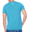 back of a male model wearing the summer turquoise v-neck t-shirt which is a turquoise tee with a white logo by Fifty50 Apparel