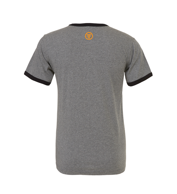 back of invisible mannequin displaying the Malibu ringer by fifty50 apparel which is a grey t-shirt with a orange logo near the neckline