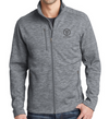 a male model wearing the soft shell jacket by fifty50 apparel which is a grey jacket with a dark grey embroidered logo