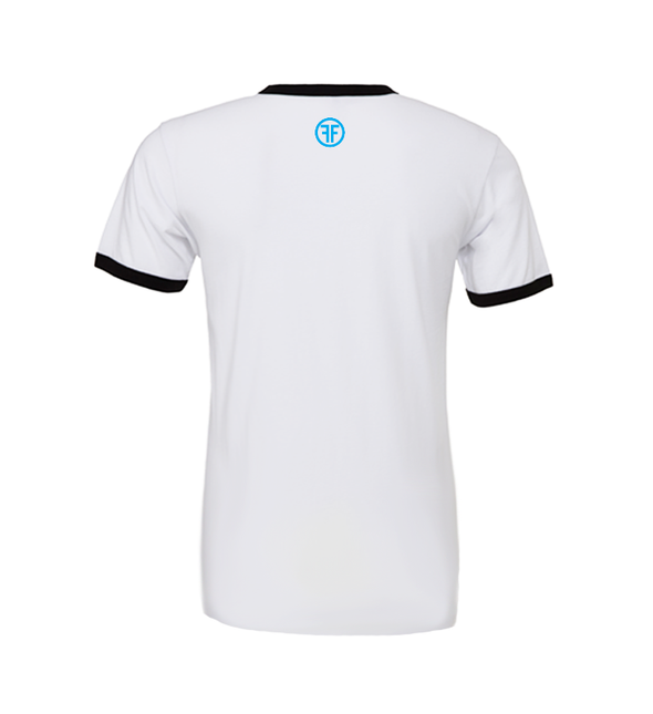 back of invisible mannequin displaying the x ringer by fifty50 apparel which is a white t-shirt with a turquoise logo near the neckline