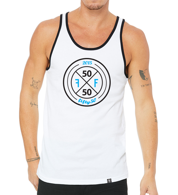 a male model wearing the x tank top by fifty50 apparel which is a white tank top with a black and turquoise design