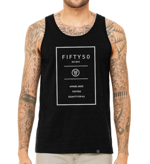 a male model wearing the true equality tank top by fifty50 apparel which is a black tank top with a grey design