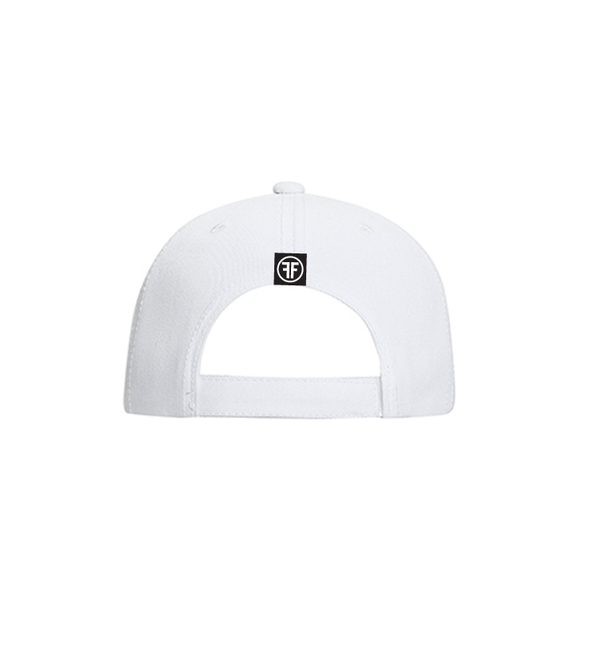 back of invisible mannequin displaying the new era white relevant cap by fifty50 apparel with a sewn on black and white logo tag