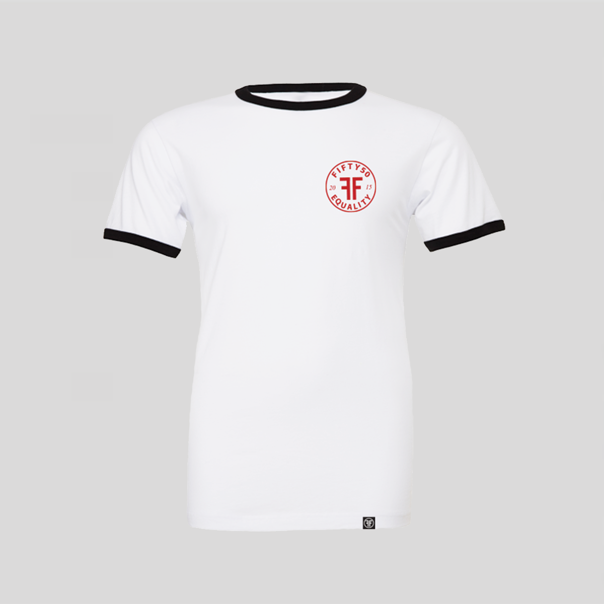 A white ringer t-shirt with black trim. Red left chest logo is round and has the text Fifty 50 at the top and Equality at the bottom with two Fs, back to back in the middle.